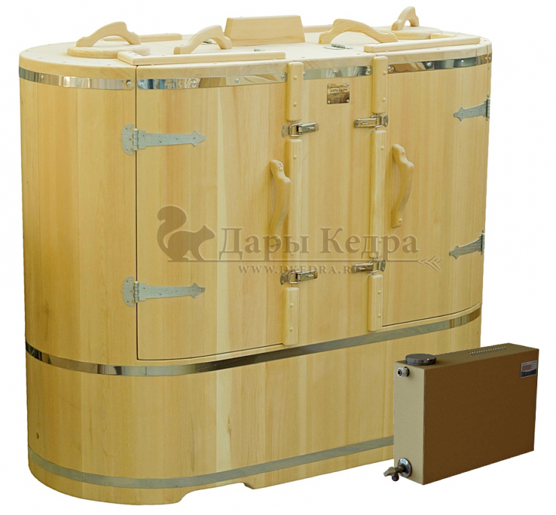 Готовый комплект «Двухместный»: кедровая бочка с парогенератором + био-защита изнутри и снаружи Готовый комплект «Двухместный»: кедровая бочка с парогенератором + био-защита изнутри и снаружи